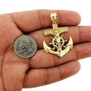 Real 10K Yellow Gold XL Anchor Cross Pendant